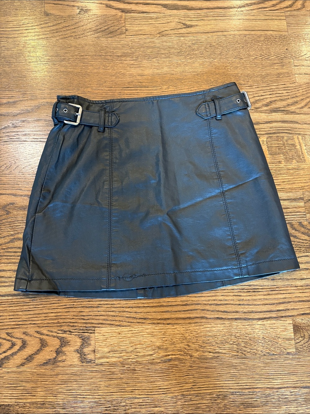 Free People Black Faux Leather Mini Skirt with Buckle Detail, 2